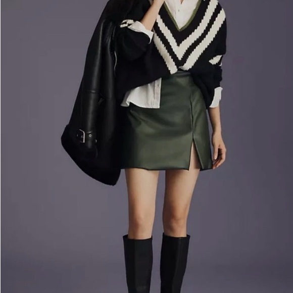 Anthropologie Faux Leather Dark Green Mini Skirt - Picture 2 of 12